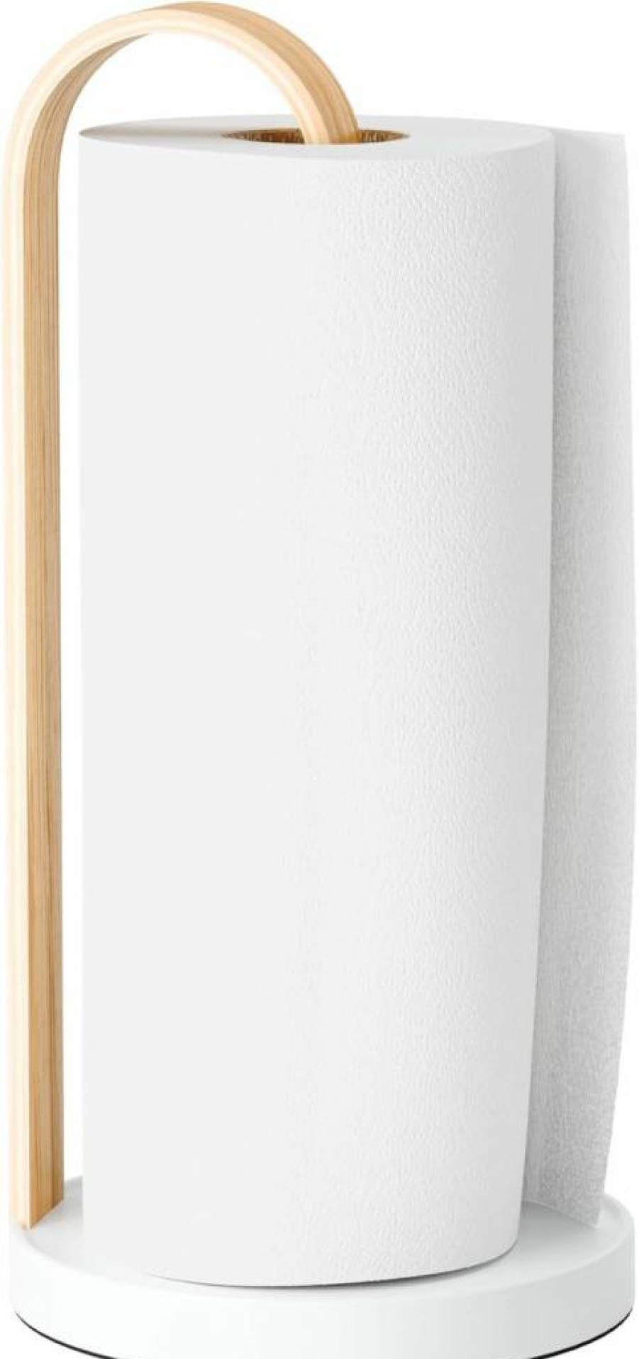 Umbra Bellwood Modern Paper Towel Holder with Real Wood Stand, Weighted Metal Base - Sleek Black/Walnut Design for Kitchen Countertop
