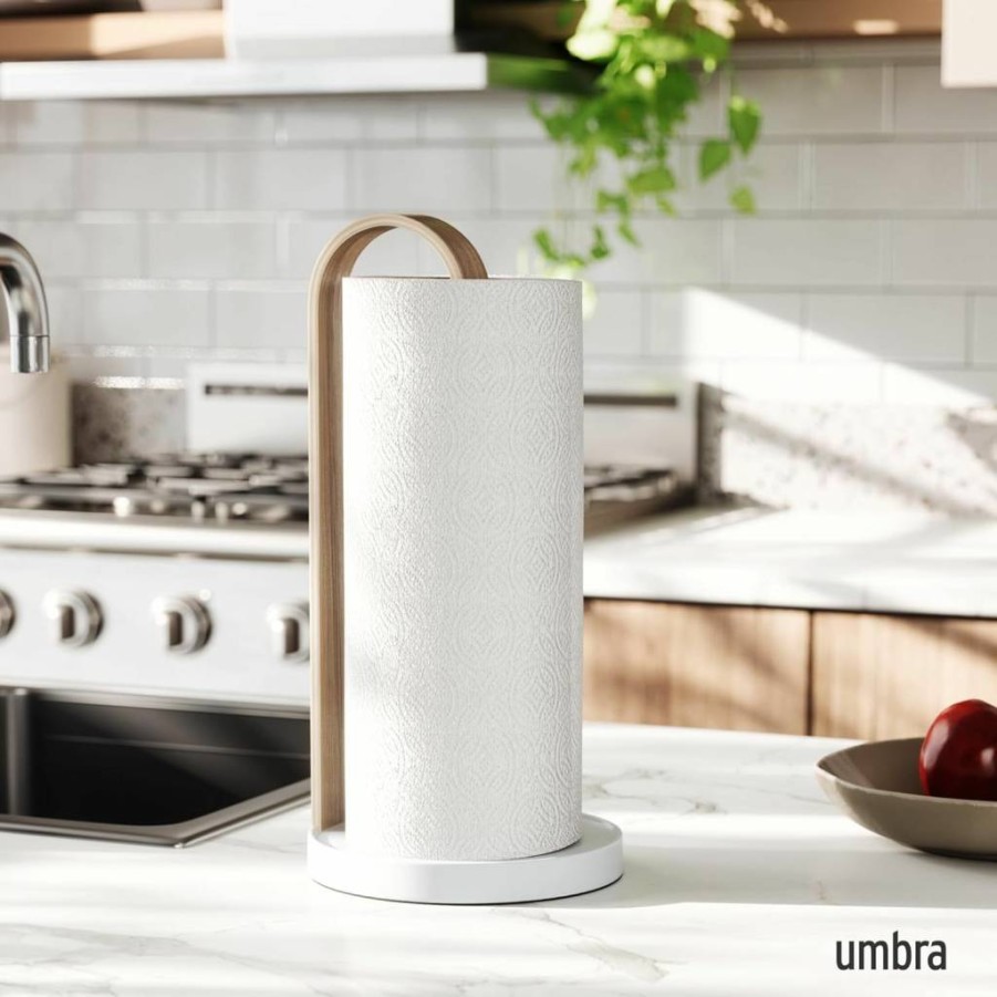 Umbra Bellwood Modern Paper Towel Holder with Real Wood Stand, Weighted Metal Base - Sleek Black/Walnut Design for Kitchen Countertop
