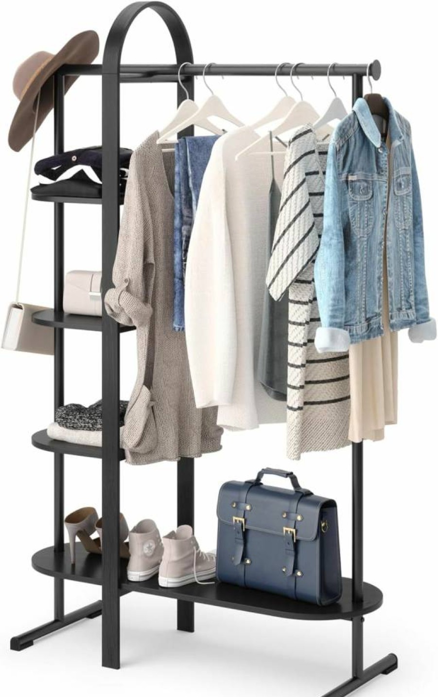 Umbra Bellwood Clothing Rack Freestanding Hanging Organizer, White/Natural Wood Garment Storage for Bedroom