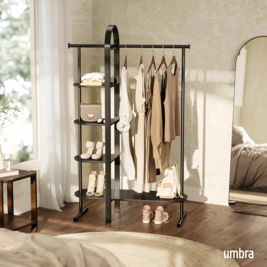 Umbra Bellwood Clothing Rack Freestanding Hanging Organizer, White/Natural Wood Garment Storage for Bedroom