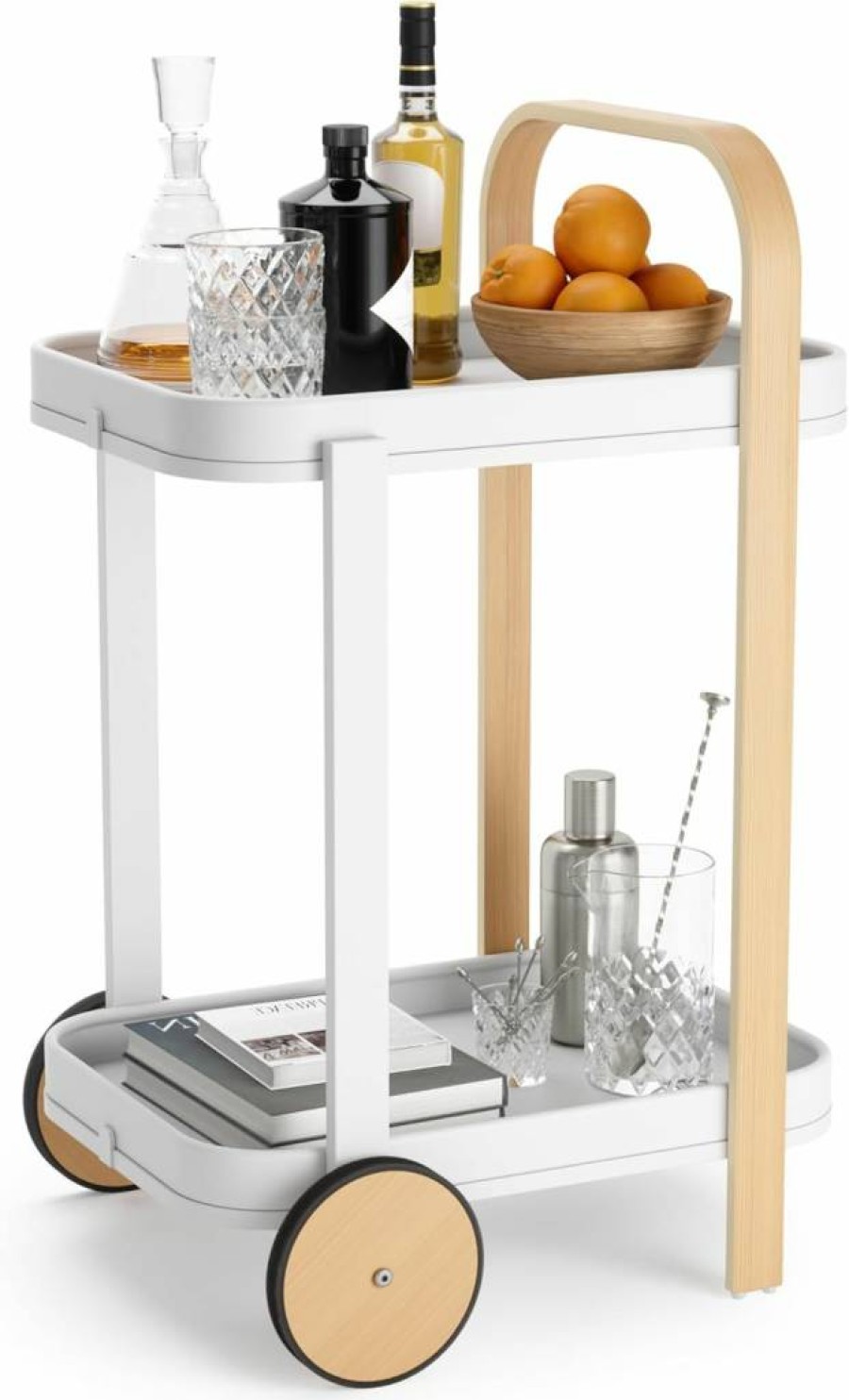 Umbra Bellwood Rolling Bar Cart - Mobile Serving Trolley & Side Table with Natural Wood & White Finish