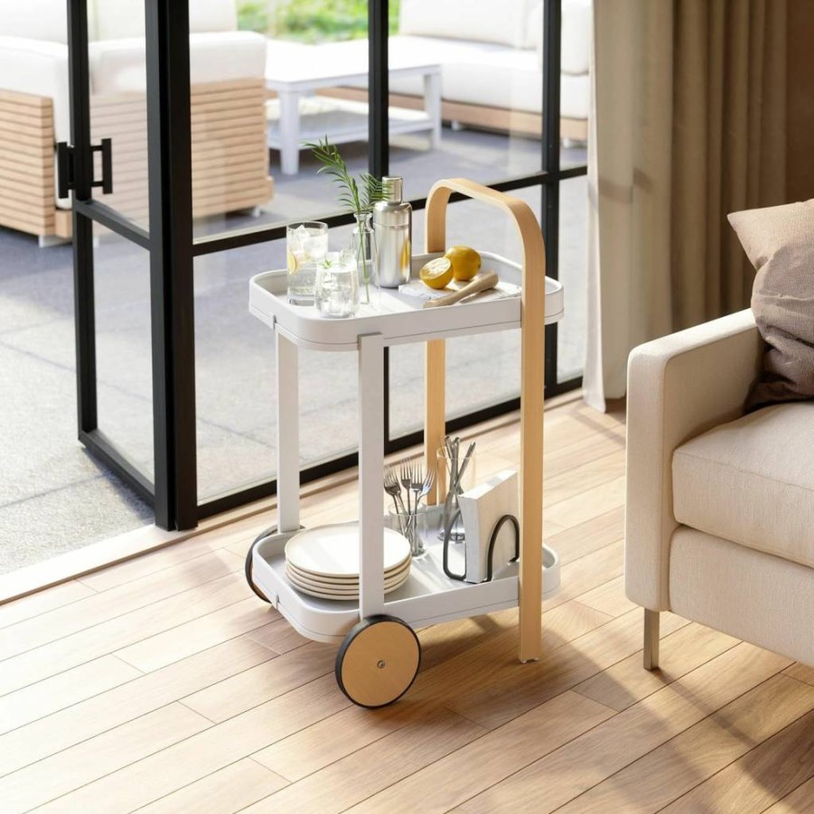 Umbra Bellwood Rolling Bar Cart - Mobile Serving Trolley & Side Table with Natural Wood & White Finish