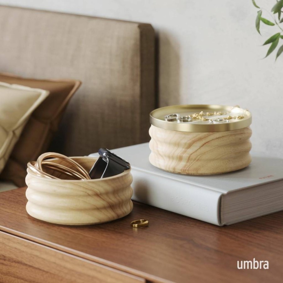 Umbra Tesora Solid Wood Jewelry Box with Brass Accents, Natural Finish - Handcrafted Organizer for Necklaces, Rings & Earrings