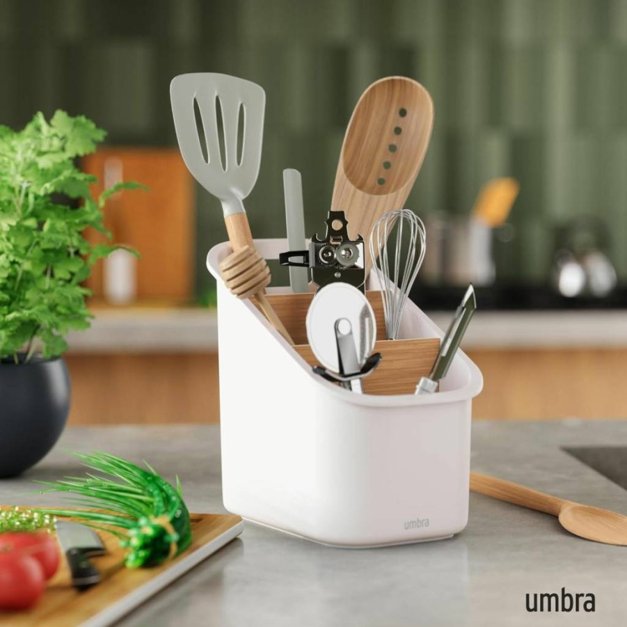 Umbra Bellwood White/Natural Kitchen Utensil Organizer with Removable Dividers - Countertop Storage Holder