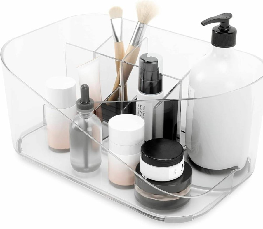 Umbra Glam Clear Countertop Makeup Organizer with Adjustable Dividers, Multi-Function Cosmetic Storage for Bathroom & Vanity