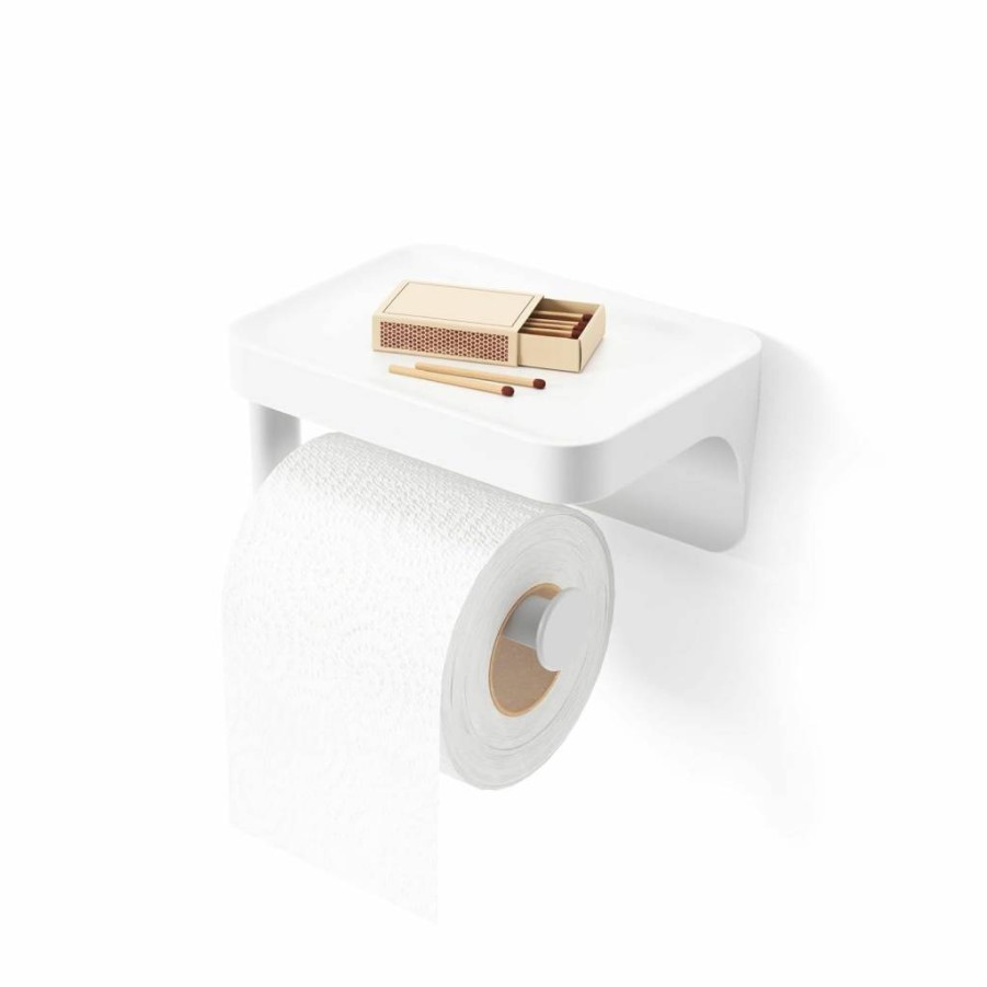 Umbra White Adhesive Toilet Paper Holder with Shelf - Space-Saving Bathroom Organizer