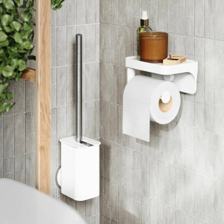 Umbra White Adhesive Toilet Paper Holder with Shelf - Space-Saving Bathroom Organizer