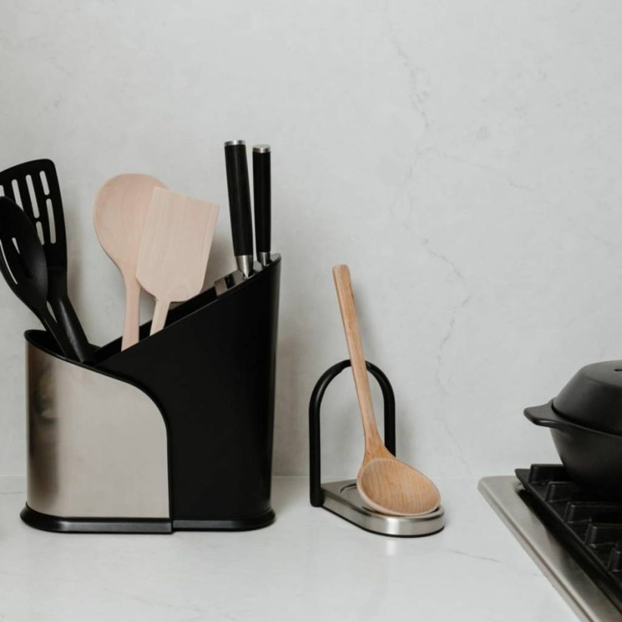 Umbra Laydle Modern Spoon and Utensil Rest Set in Black and Nickel Finish - Kitchen Countertop Organizer 1008160-047