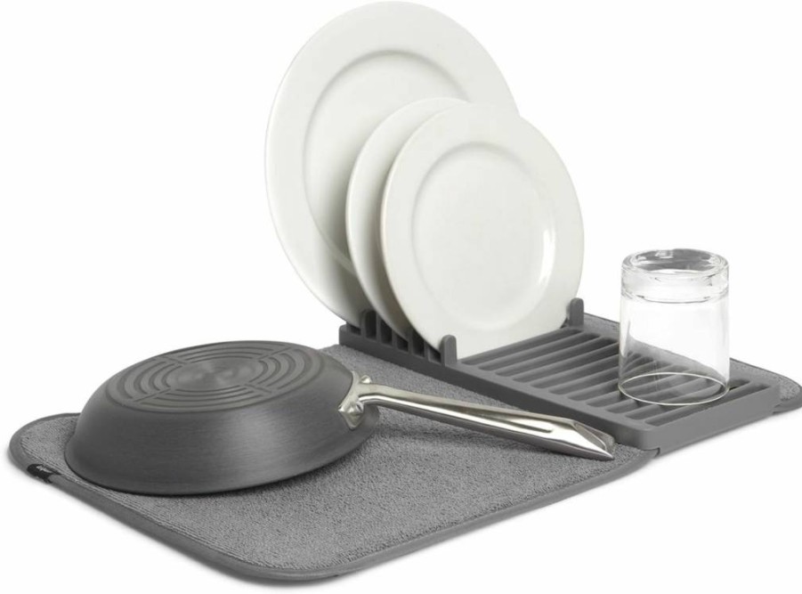 Umbra Udry Foldable Dish Rack with Microfiber Drying Mat & Caddy - Space-Saving Gray Kitchen Storage Solution