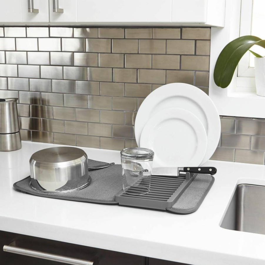 Umbra Udry Foldable Dish Rack with Microfiber Drying Mat & Caddy - Space-Saving Gray Kitchen Storage Solution