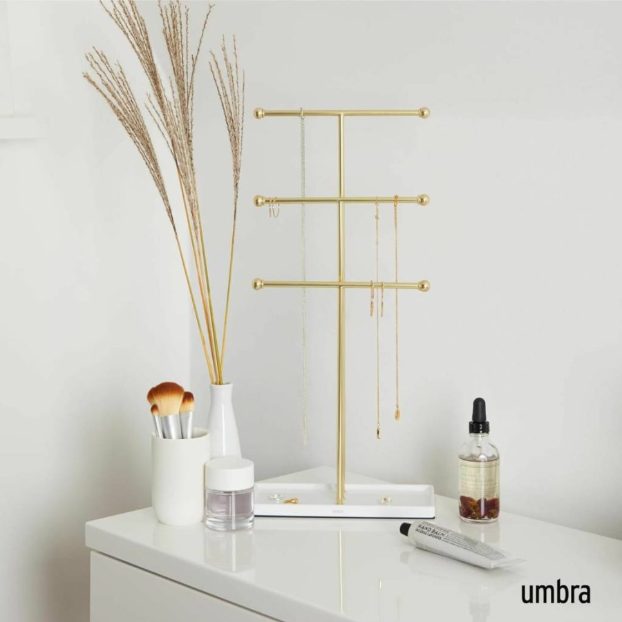 Umbra Trigem 3-Tier Jewelry Organizer - Freestanding Necklace & Bracelet Display Stand in White/Nickel for Countertop or Dresser