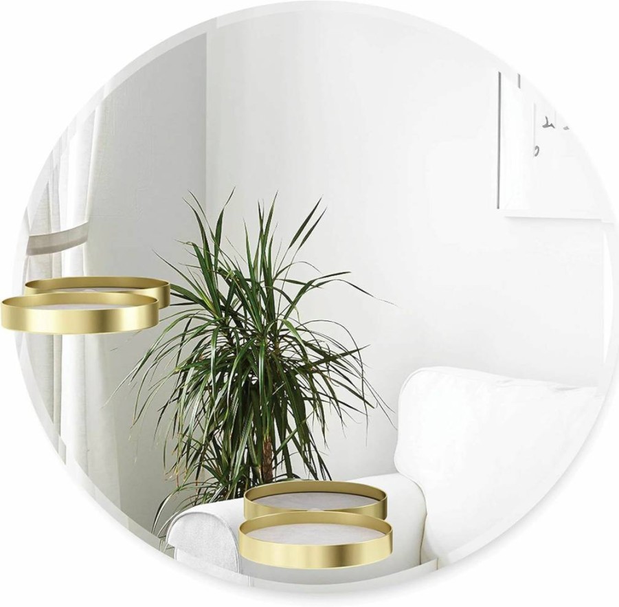 Umbra Perch 24-Inch Brass Wall Mirror – Decorative Round Bathroom Mirror with Metal Frame, Modern Home Decor