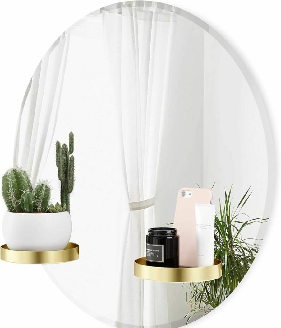Umbra Perch 24-Inch Brass Wall Mirror – Decorative Round Bathroom Mirror with Metal Frame, Modern Home Decor