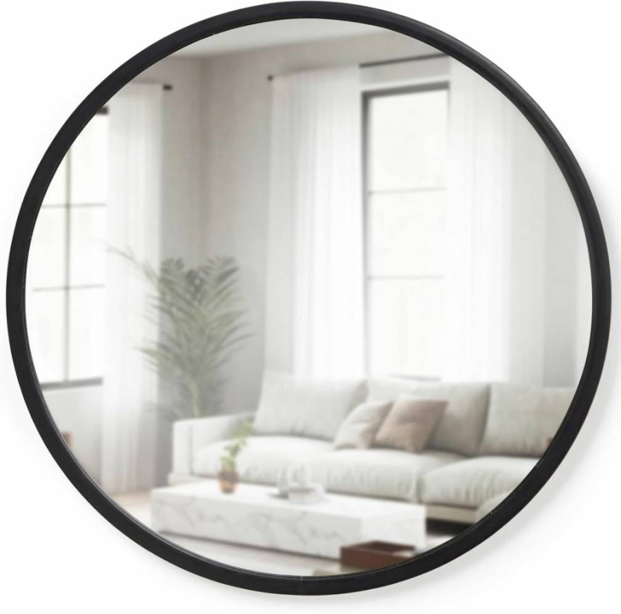 Umbra Hub 37-Inch Round Wall Mirror with Rubber Frame - Modern Black Bathroom, Entryway, Living Room Decor
