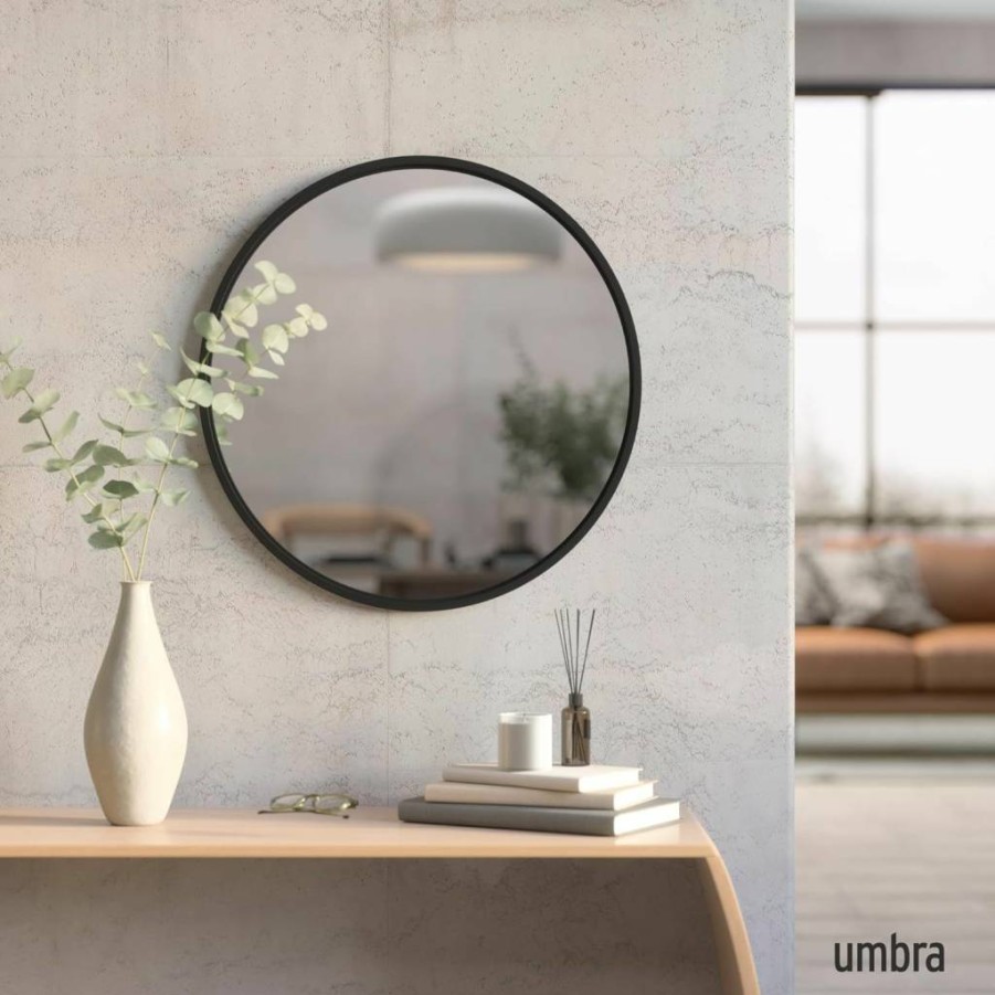 Umbra Hub 37-Inch Round Wall Mirror with Rubber Frame - Modern Black Bathroom, Entryway, Living Room Decor
