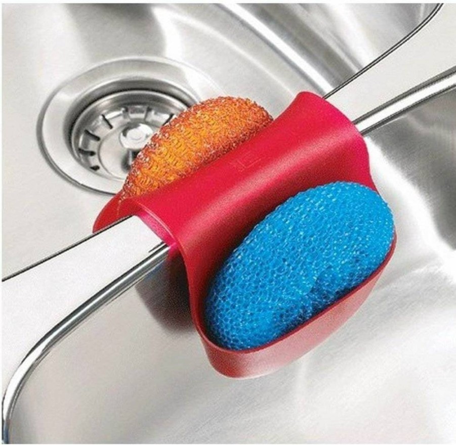 Umbra Saddle Caddy Double Kitchen Sink Organizer - Flexible Rubber Sponge & Scouring Pad Holder, Small Black Dish Storage