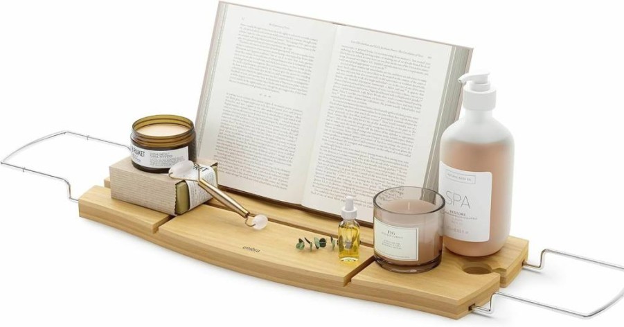 Umbra Aquala Extendable Bamboo Bathtub Tray Caddy with Chrome Finish - Natural Bath Accessory