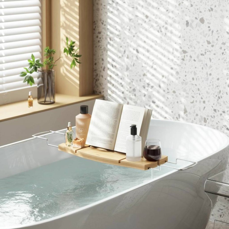 Umbra Aquala Extendable Bamboo Bathtub Tray Caddy with Chrome Finish - Natural Bath Accessory