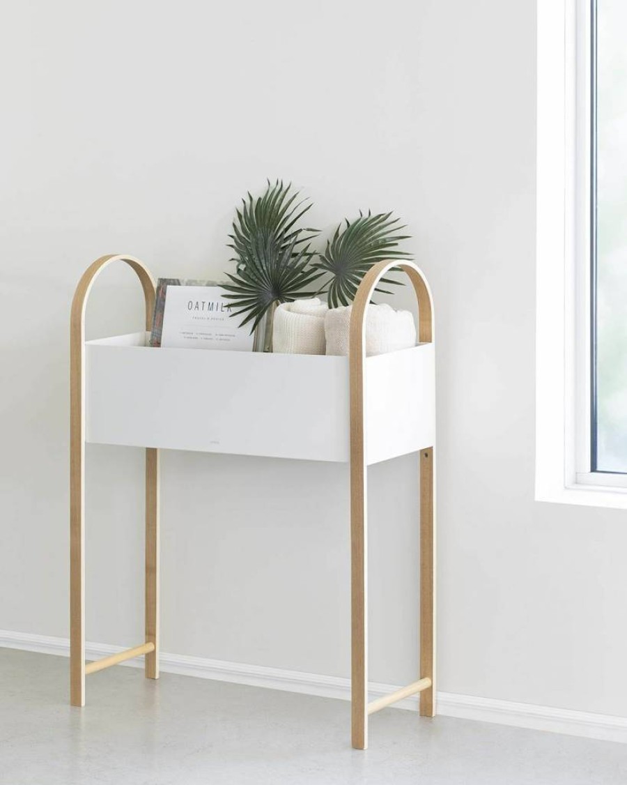Umbra Bellwood Elevated Garden Planter - Freestanding Raised Storage Box for Indoor/Outdoor Plants, White & Natural Finish