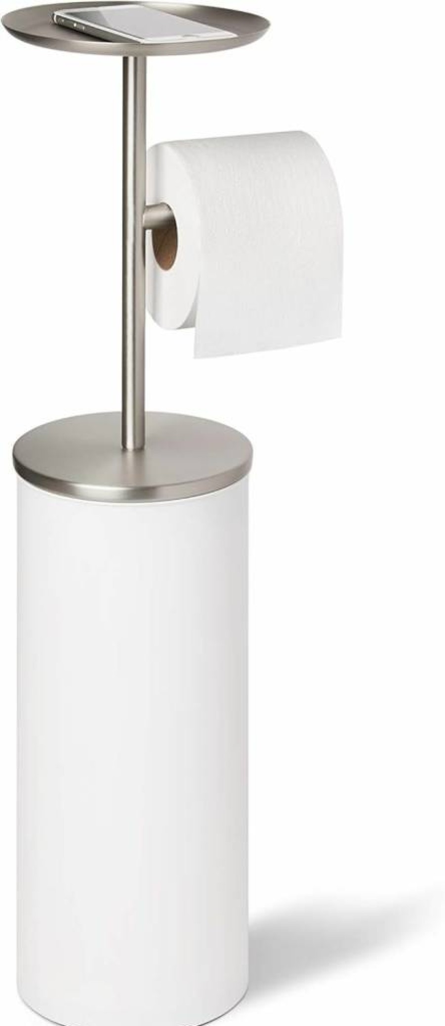 Umbra Portaloo Modern Toilet Paper Holder with Reserve Storage in White and Nickel Finish