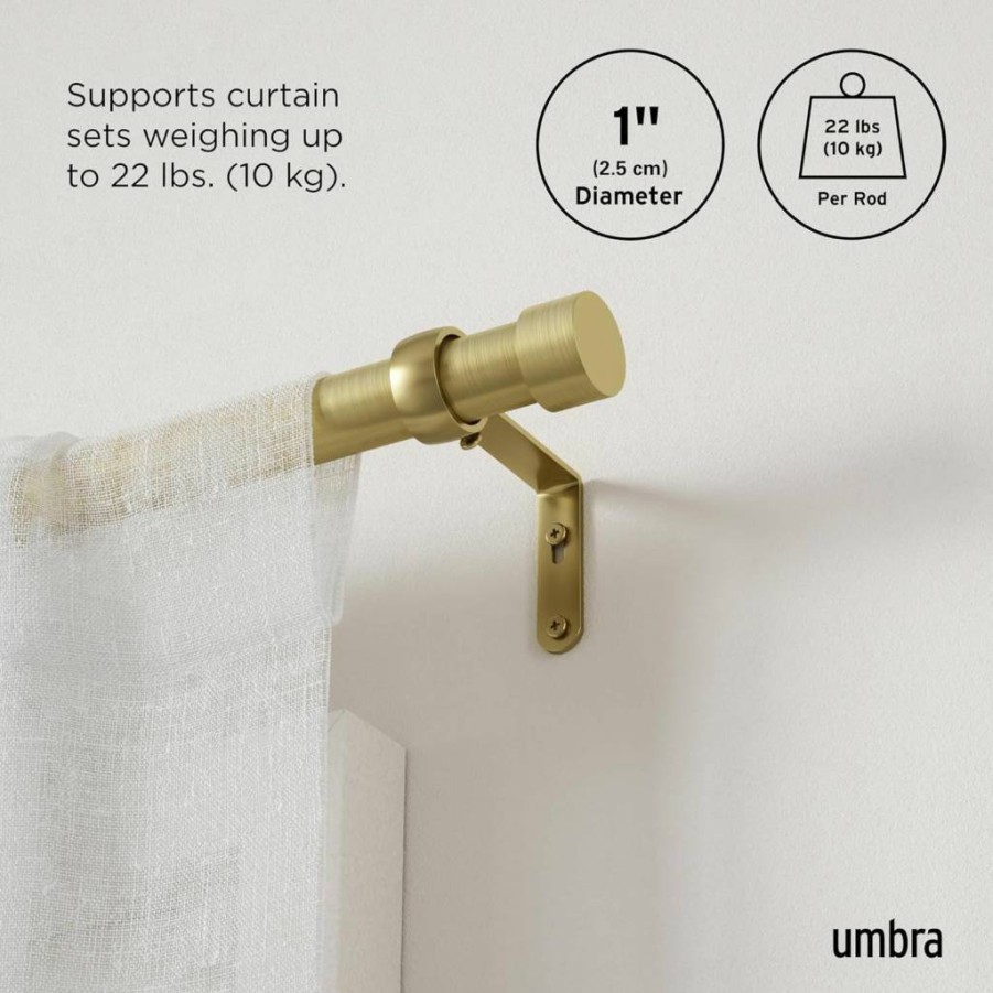 Umbra Cappa Modern 1-Inch Brass Curtain Rod Set with Matching Finials, Brackets & Hardware