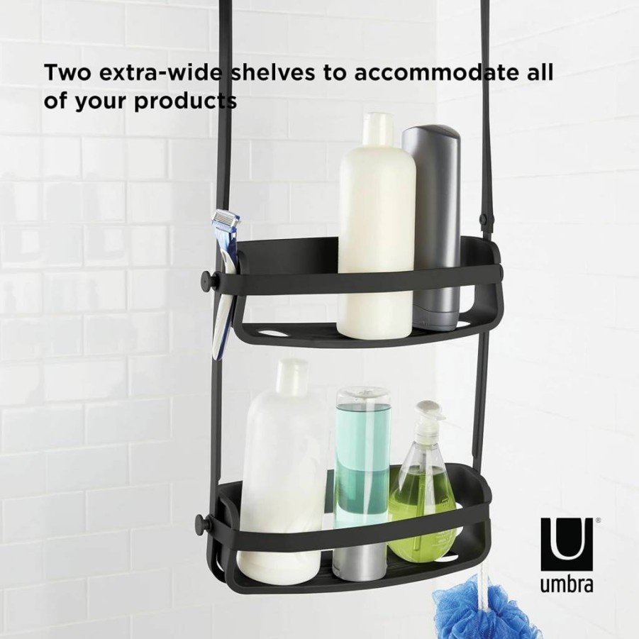 Umbra Flex Hanging Shower Caddy - Adjustable Bathtub Shelf & Bathroom Storage Organizer in Black