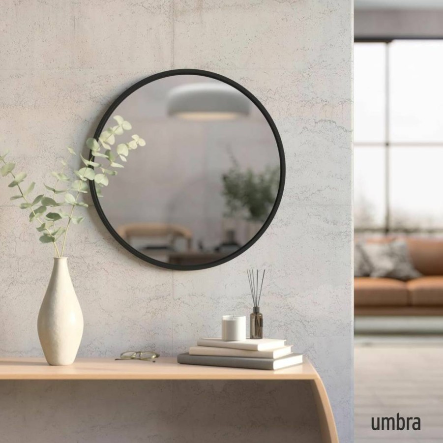 Umbra Hubba 34-Inch Round Wall Mirror - Modern Titanium Metallic Frame for Bathroom, Living Room, Entryway Decor