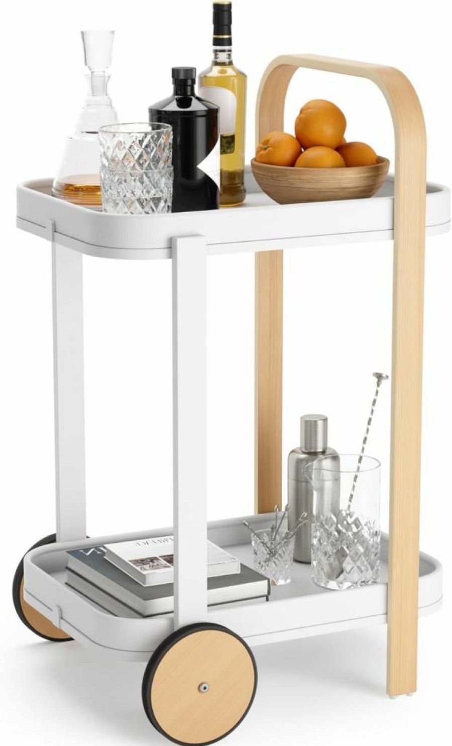 Umbra Bellwood Bar Cart - Walnut & Black Serving Trolley, Mobile Side Table for Home Decor
