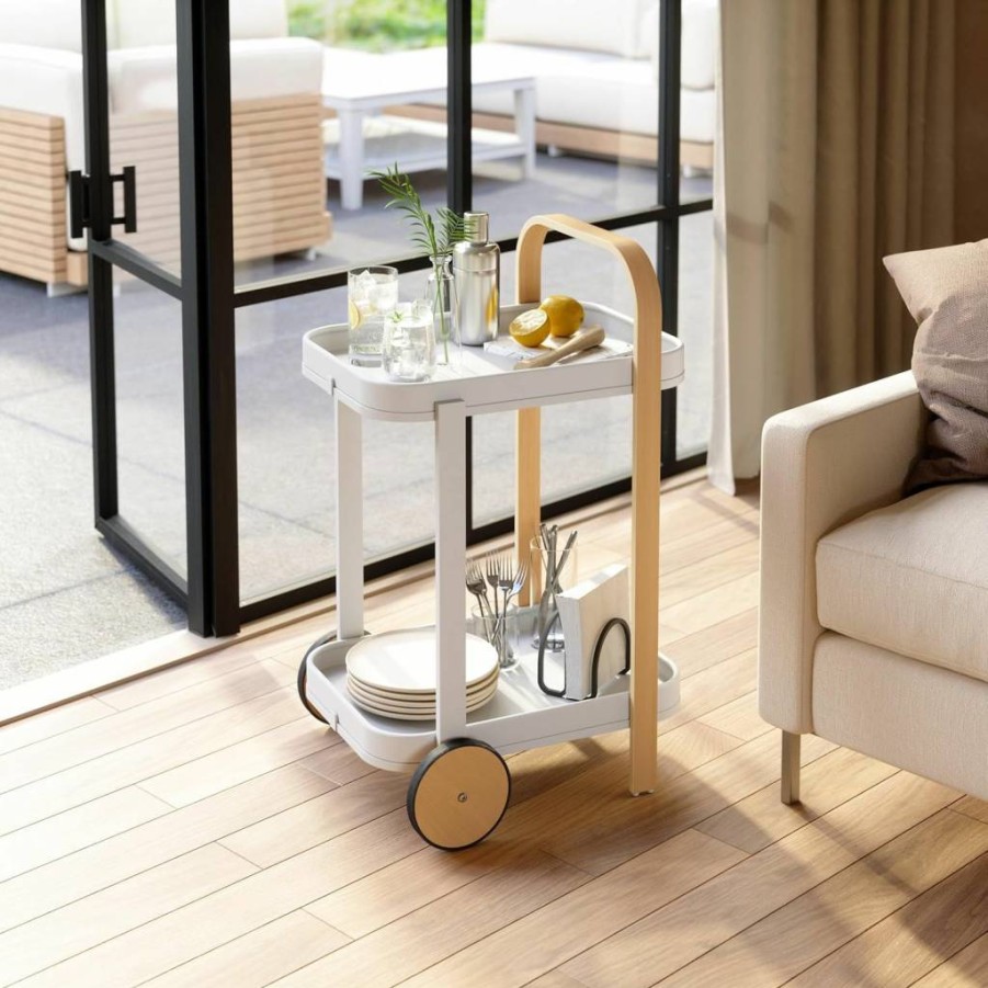 Umbra Bellwood Bar Cart - Walnut & Black Serving Trolley, Mobile Side Table for Home Decor