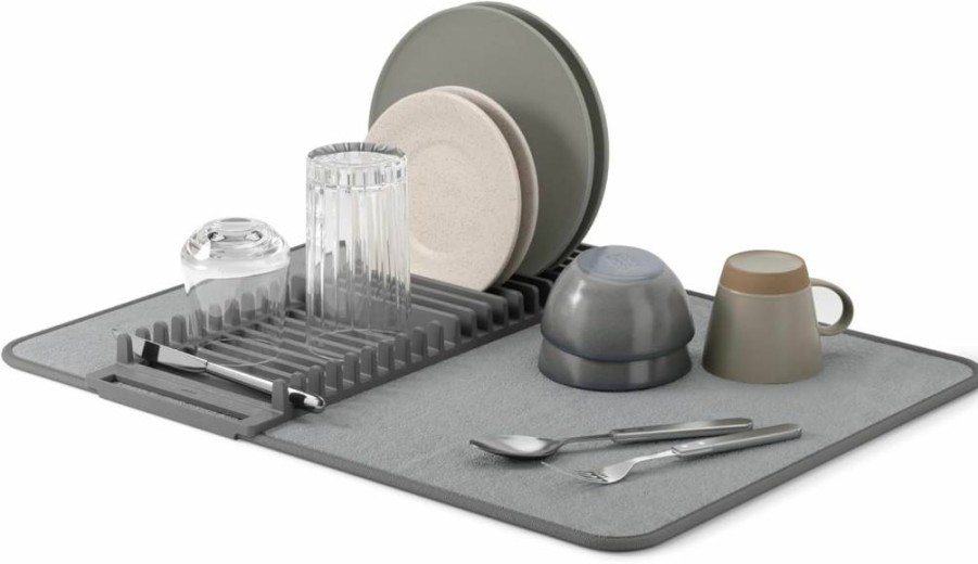 Umbra Udry Foldable Dish Rack with Microfiber Drying Mat - Space-Saving Black Dish Drainer for Compact Storage