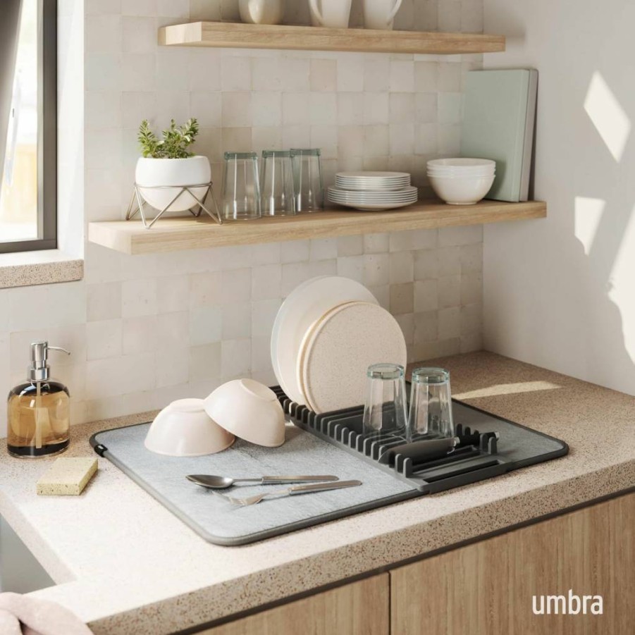 Umbra Udry Foldable Dish Rack with Microfiber Drying Mat - Space-Saving Black Dish Drainer for Compact Storage
