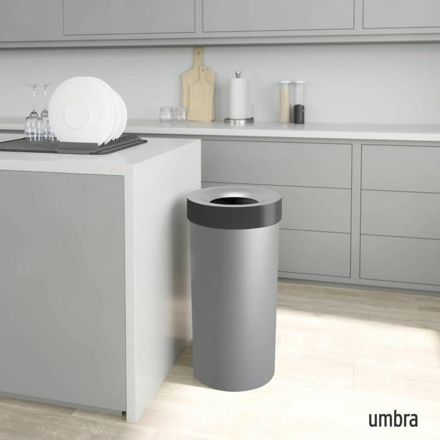 Umbra Vento 16-Gallon Open Top Kitchen Trash Can, 62L Large Capacity, Grey, Modern Waste Bin