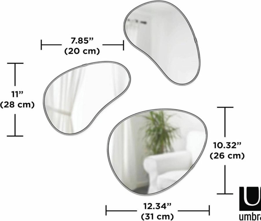 Umbra Hubba Pebble Mirror Set of 3 - Modern Titanium Finish Wall Decor