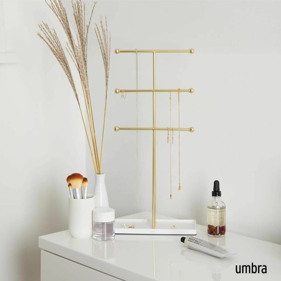 Umbra Trigem Gold Jewelry Stand - Modern Display Organizer for Necklaces & Rings