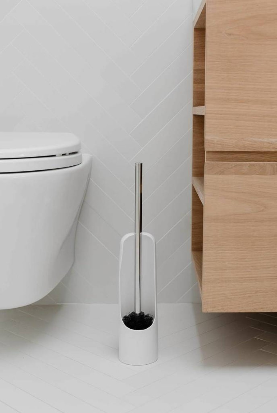 Umbra Slim Touch Toilet Brush with Hideaway Holder - Durable Plastic & Metal Design, Soft Rubber Finish, Stubborn Stain Remover - White Bathroom Cleaner