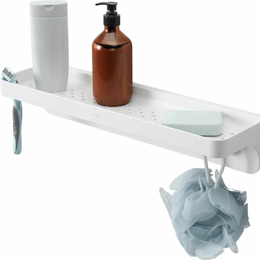 Umbra Flex Sure-Lock No-Drill Shower Shelf with SureLock Technology, Adjustable 72 to 144-Inch Bathroom Storage, White