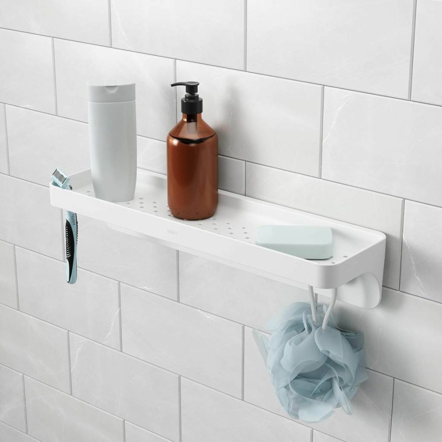 Umbra Flex Sure-Lock No-Drill Shower Shelf with SureLock Technology, Adjustable 72 to 144-Inch Bathroom Storage, White