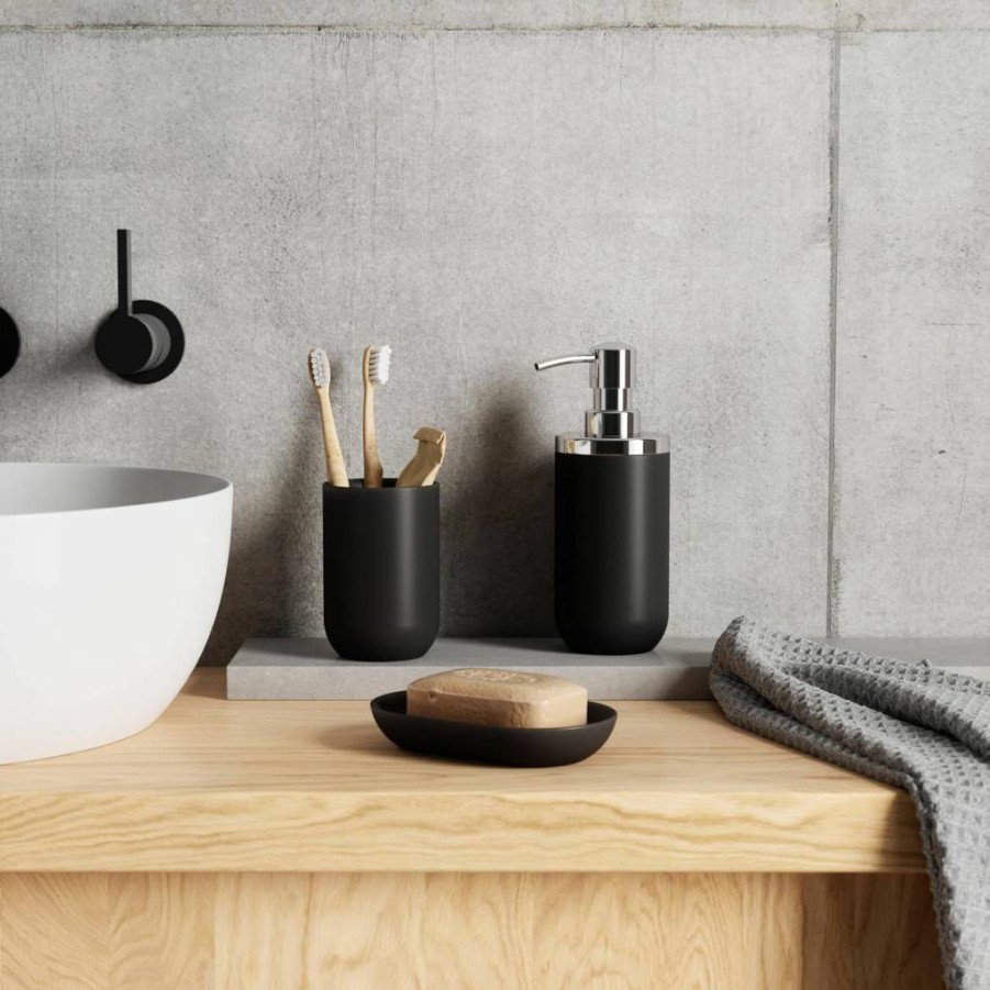 Umbra Junip Oval Modern Soap Dish - Sleek Black Bathroom Organizer for Showers & Sinks