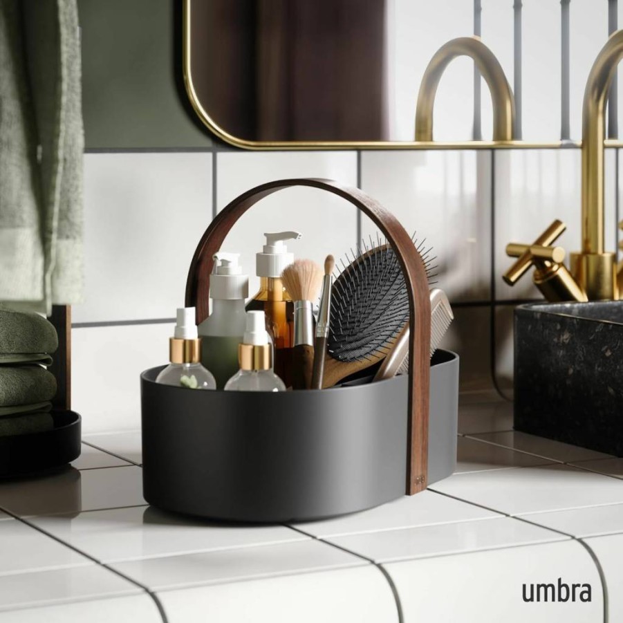 Umbra Bellwood Cosmetic Organizer - White/Natural Makeup Storage (50.2 x 19.5 x 19.3 cm) | Bathroom Countertop Organizer with Mirror | Modern Vanity Organizer for Makeup Brushes & Beauty Products