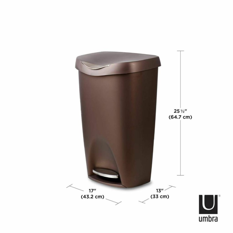 Umbra Bronze Brim 13 Gallon Stainless Steel Step Trash Can with Foot Pedal - Stylish & Durable Kitchen Garbage Bin with Lid