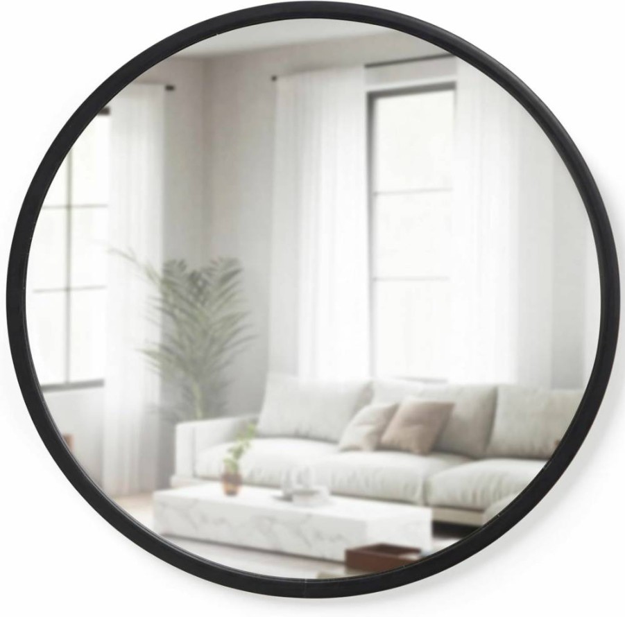 Umbra 18-Inch Round Black Hub Rubber Frame Mirror - Modern Wall Art for Entryway, Bathroom, Living Room Decor