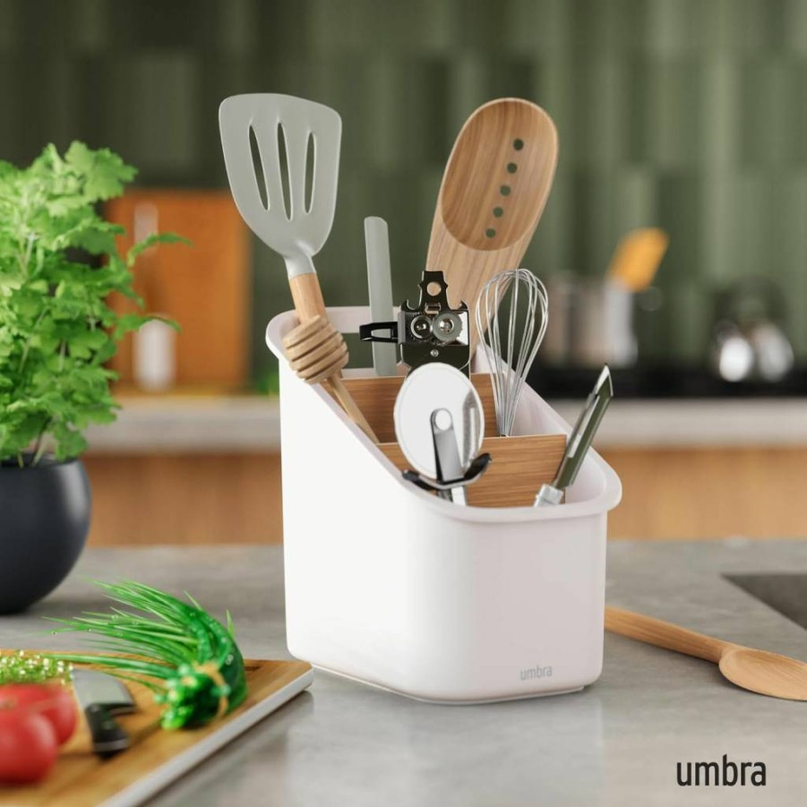 Umbra Bellwood Countertop Organizer - Natural & White Wooden Desktop Storage for Home & Office