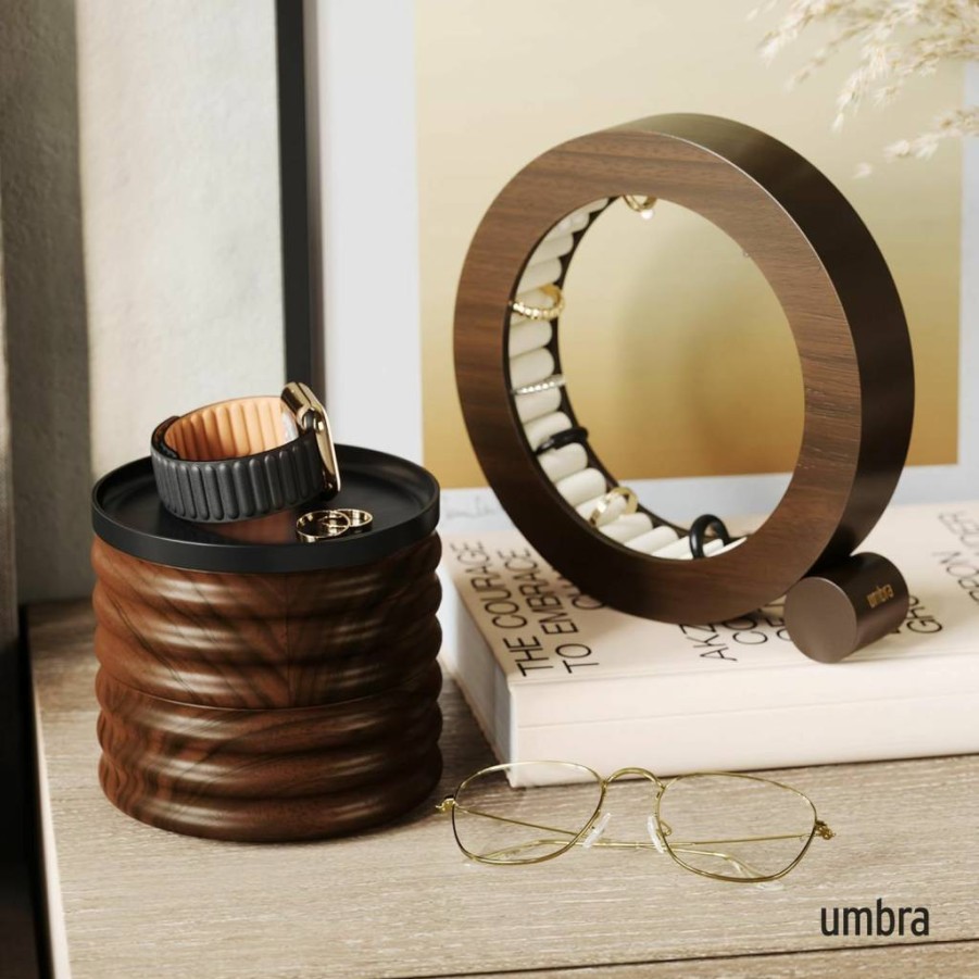 Umbra Tesora Wooden Jewelry Organizer Box - Premium Black & Walnut Finish for Necklaces, Rings, Earrings