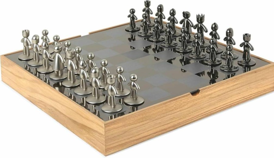 Umbra Wobble Chess Set - 15 Inch Wooden Chess Board with Unique Wobble Design - Modern Home Game Room Decor