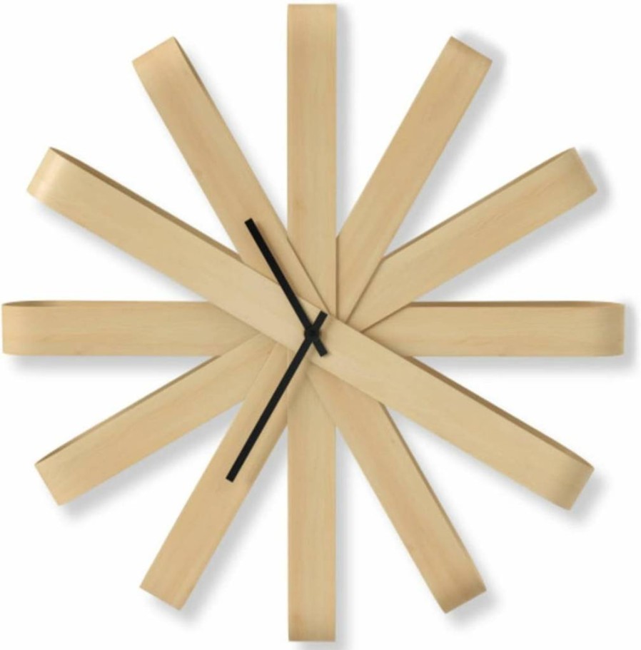 Umbra Ribbonwood Large Modern Wall Clock - Silent Battery Operated, Natural Wood Design, Unique Non-Ticking Decorative Clock