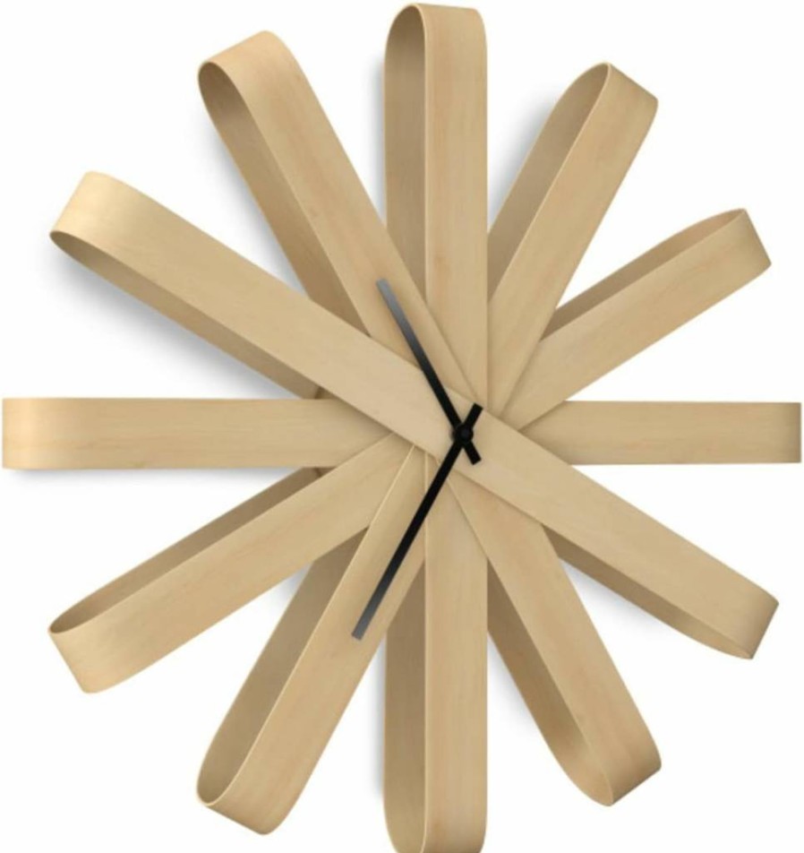 Umbra Ribbonwood Large Modern Wall Clock - Silent Battery Operated, Natural Wood Design, Unique Non-Ticking Decorative Clock