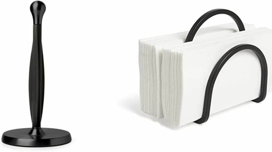 Umbra Tug Modern Paper Towel Holder - Sleek Metallic Black Stand for Kitchen, Compatible with Square & Rectangular Napkins for Dining or Entertaining