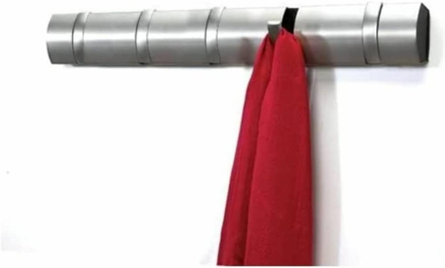Umbra Flip 8 Wall Mounted Coat Rack with Retractable Hooks - Modern Driftwood & Nickel Floating Shelf for Coats, Bags, Scarves - Space-Saving Design (318858-1143)
